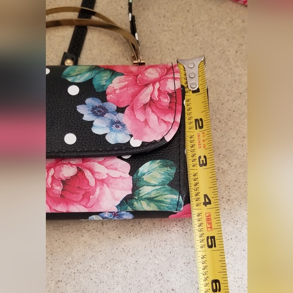 Clutch Wallet Black and Pink Floral Polka Dot Clutch with Chain Strap - Picture 12 of 13